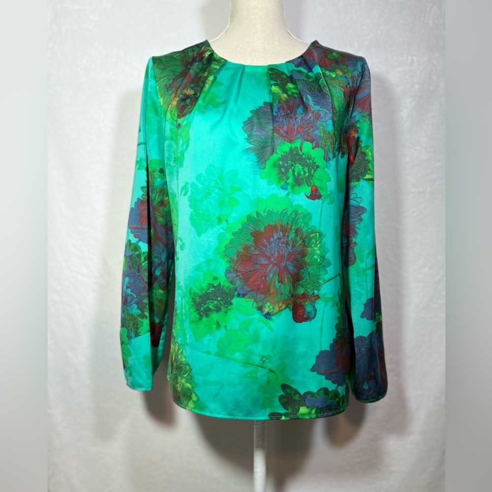 J. Crew Turquoise Floral Long-Sleeve Blouse Size L Pleated Neckline - Picture 2 of 8
